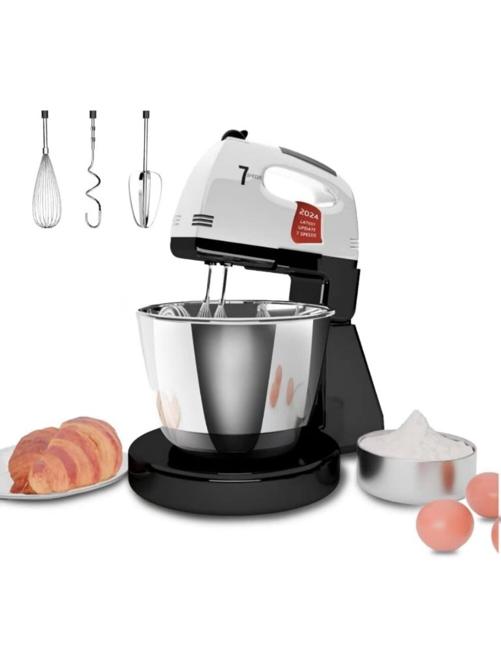 7-Speed Stand Mixer with 3QT Stainless Steel Bowl, Dough Hook & Whisk for Baking